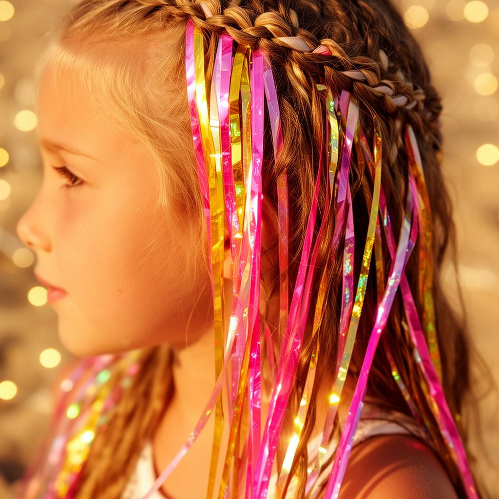 Kids hair tinsel party — little girl with gold and rose-gold tinsel at her South Bay birthday